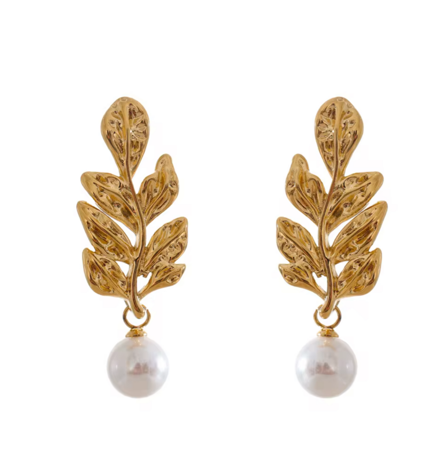 Aretes de hojas con perla